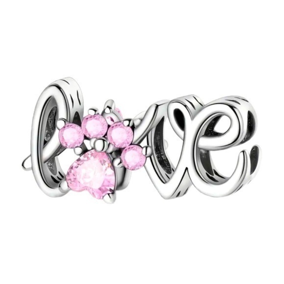 Women’s 925 Sterling Silver Love Script Charm with Pink Gem Paw Print - NWT - Picture 1 of 4